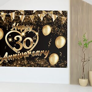 5665 Happy 30th Anniversary Backdrop Banner Decor Black Gold – Glitter Love Heart Happy 30 Years Wedding Anniversary Party Theme Decorations for Women Men Supplies