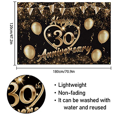 5665 Happy 30th Anniversary Backdrop Banner Decor Black Gold – Glitter Love Heart Happy 30 Years Wedding Anniversary Party Theme Decorations for Women Men Supplies