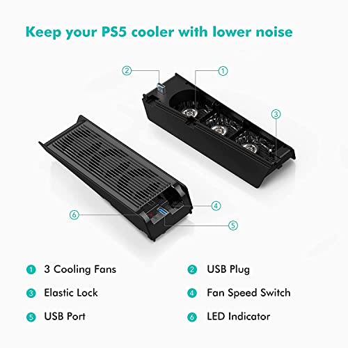 KIWIHOME Cooling Fan for PS5 Accessories, Upgraded Quiet Cooler Fan with LED Light, Horizontal Cooling Accessories with USB3.0 Hubs, Efficient Cooling System for PS5 Disc and Digital Edition(Black)