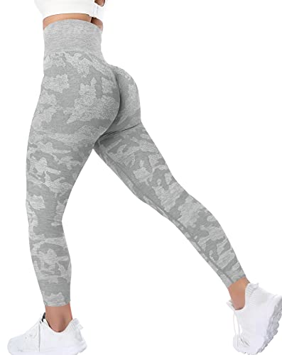 YEOREO Women's Seamless Camo Workout Leggings High Waisted Tummy Control Yoga Pants Gym Compression Tights Grey L