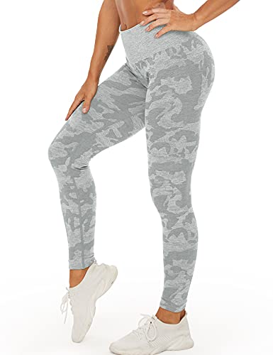 YEOREO Women's Seamless Camo Workout Leggings High Waisted Tummy Control Yoga Pants Gym Compression Tights Grey L