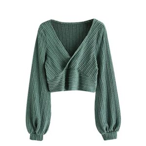 zaful women's pullover ribbed cropped knitwear drawstring ruched knitted crop top solid v-neck long sleeve t-shirt green