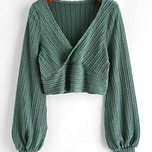 ZAFUL Women's Pullover Ribbed Cropped Knitwear Drawstring Ruched Knitted Crop Top Solid V-Neck Long Sleeve T-Shirt Green