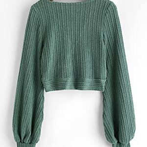 ZAFUL Women's Pullover Ribbed Cropped Knitwear Drawstring Ruched Knitted Crop Top Solid V-Neck Long Sleeve T-Shirt Green