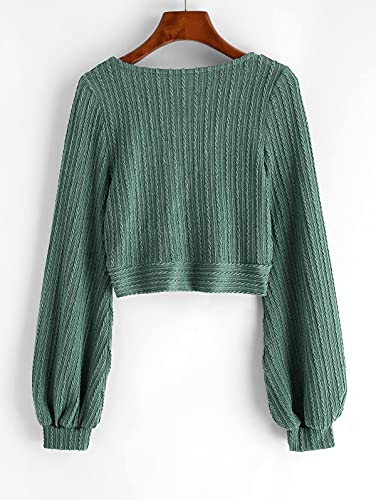 ZAFUL Women's Pullover Ribbed Cropped Knitwear Drawstring Ruched Knitted Crop Top Solid V-Neck Long Sleeve T-Shirt Green