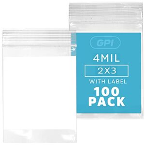 gpi - 2" x 3" - bulk pack of 100, 4 mil thick, heavy duty, clear plastic reclosable zip bags, with write-on white block for labeling, strong & durable poly baggies with resealable zipper top lock.