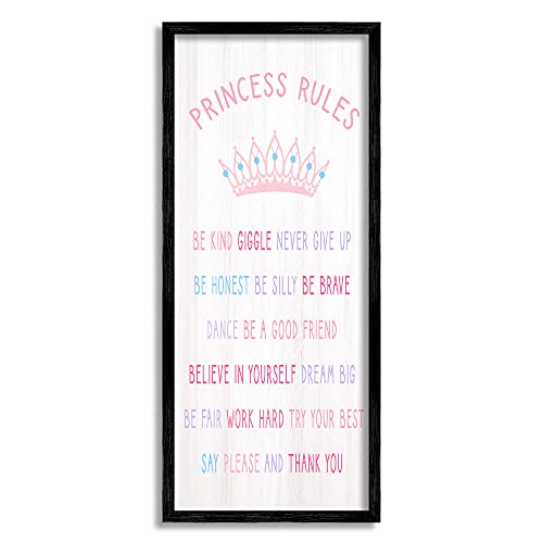 Stupell Industries Princess Rules Listed Kids Pretend Pink Crown, Designed by Daphne Polselli Black Framed Wall Art, 13 x 30