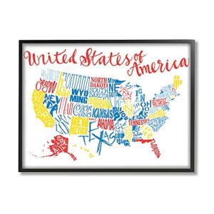 stupell industries united states of america typography map primary tones, designed by jace grey black framed wall art, 16 x 20, blue