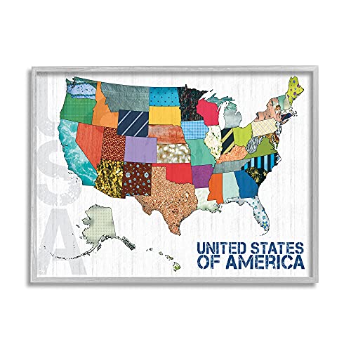 Stupell Industries United States of America Map Quilted Pattern Borders, Designed by Lauren Gibbons Gray Framed Wall Art, 11 x 14, Multi-Color