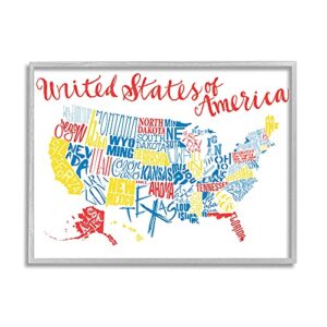 stupell industries united states of america typography map primary tones, designed by jace grey gray framed wall art, 16 x 20, blue