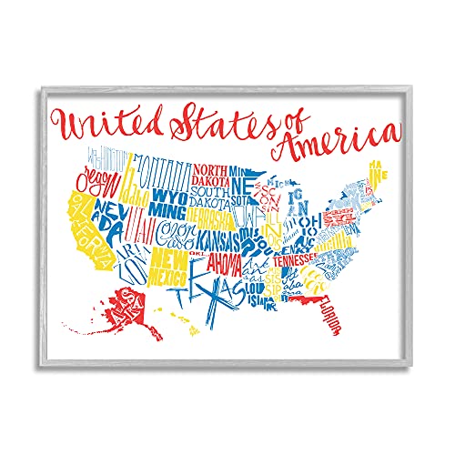 Stupell Industries United States of America Typography Map Primary Tones, Designed by Jace Grey Gray Framed Wall Art, 16 x 20, Blue