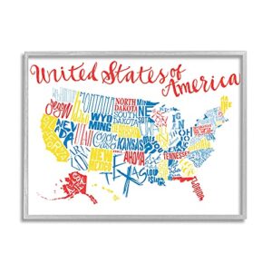 stupell industries united states of america typography map primary tones, designed by jace grey gray framed wall art, 11 x 14, blue