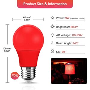 EvaStary LED Red Light Bulb 60W Equivalent, A19 LED E26 Base Red Color Light Bulbs, 9W Red LED Bulb for Halloween, Christmas Decoration, Party, Bars, Porch Lights, Holiday Mood Lighting, Pack of 2