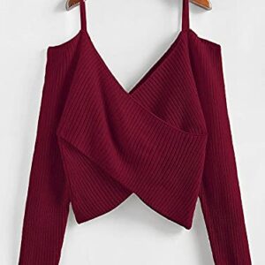 ZAFUL Women's Cold Shoulder Twist Knot Pullover Sweater V Neck Criss Cross Long Sleeve Cami Knitted Jumpers Crop Tops