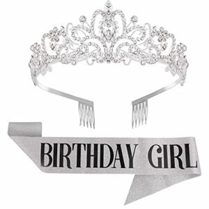 letscare birthday girl sash and tiara for women birthday sash & rhinestone crown with comb, gift kit for birthday decorations & party favors(sliver)