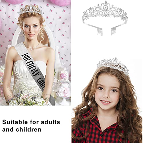 LetsCare Birthday Girl Sash and Tiara for Women Birthday Sash & Rhinestone Crown with Comb, Gift Kit for Birthday Decorations & Party Favors(Sliver)