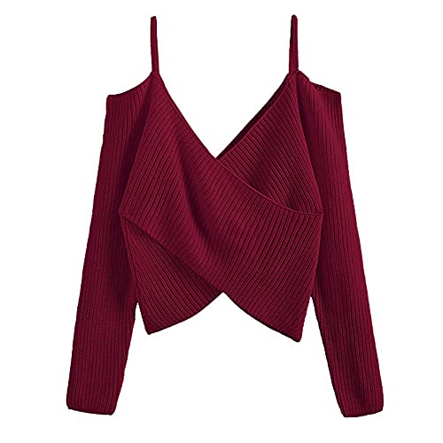 ZAFUL Women's Cold Shoulder Twist Knot Pullover Sweater V Neck Criss Cross Long Sleeve Cami Knitted Jumpers Crop Tops