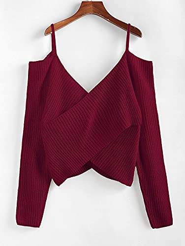 ZAFUL Women's Cold Shoulder Twist Knot Pullover Sweater V Neck Criss Cross Long Sleeve Cami Knitted Jumpers Crop Tops