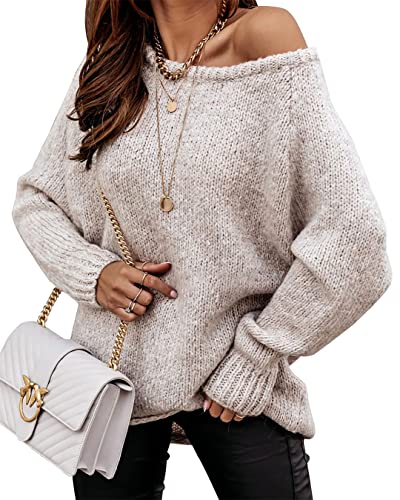 BTFBM Women Casual Long Sleeve Fall Sweaters Crew Neck Solid Color Soft Ribbed Knitted Oversized Pullover Loose Fit Jumper(Solid Apricot, Large)