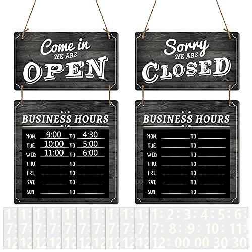 Business Hours Sign Store Hours Sign Hanging Open and Closed Sign Double Sided Wooden Business Sign Hangable Decorative Welcome Boards with Time Digital Stickers and Hook for Store Shop (Black Board)