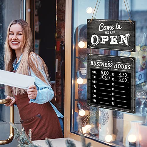 Business Hours Sign Store Hours Sign Hanging Open and Closed Sign Double Sided Wooden Business Sign Hangable Decorative Welcome Boards with Time Digital Stickers and Hook for Store Shop (Black Board)