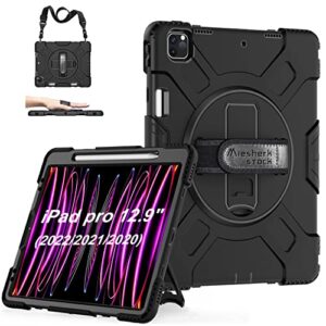 case for ipad pro 12.9 2022 6th generation/2021 5th gen: military grade silicone protective cover for ipad 12.9 2020 inch 4th gen w/pencil holder - stand - handle - shoulder strap black