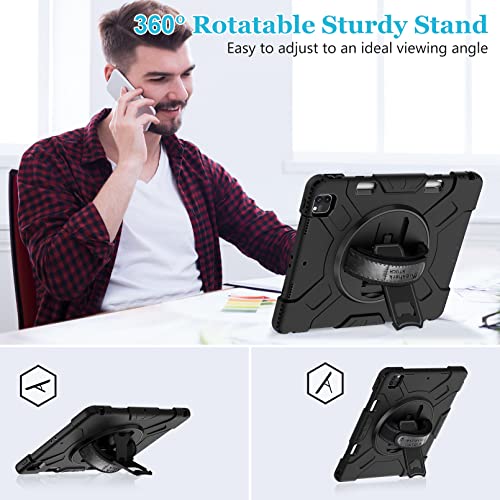 Case for iPad Pro 12.9 2022 6th Generation/2021 5th Gen: Military Grade Silicone Protective Cover for iPad 12.9 2020 Inch 4th Gen W/Pencil Holder - Stand - Handle - Shoulder Strap Black