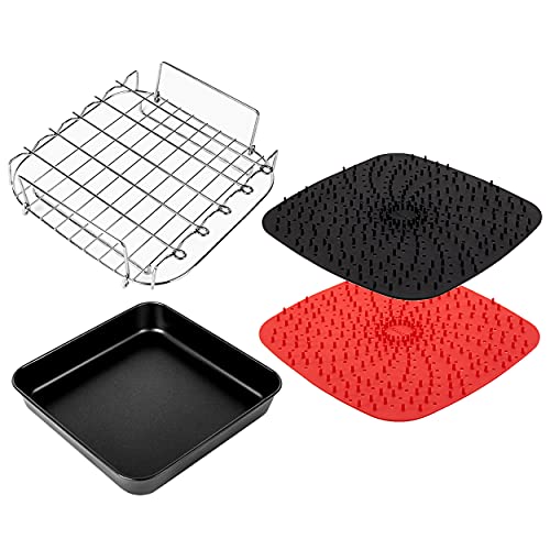 8 inch Square Air Fryer Accessories for Instant Vortex Air Fryer,COSORI,Philips AirFryers,Set of 4,Multi-purpose Double Layer Rack with Skewer,Nonstick Pizza Pan,Silicone Mat