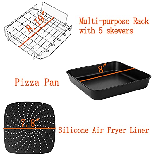 8 inch Square Air Fryer Accessories for Instant Vortex Air Fryer,COSORI,Philips AirFryers,Set of 4,Multi-purpose Double Layer Rack with Skewer,Nonstick Pizza Pan,Silicone Mat