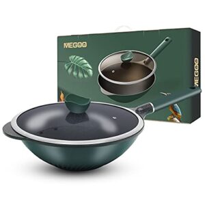 megoo kitchenware cookwear non stick wok pan with lid,(pfa,pfoa free),frying wok pan suitable for induction,gas cooktops,ceramic and electric stove (aluminium, 12 inch)
