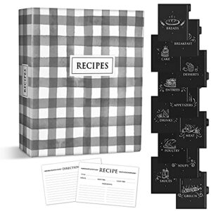plaid recipe organizer with 50 recipe cards 4x6 and full page dividers, recipe book binder, recipe binder kit, recipe binder, cookbook binder, recipe organizer binder, recipe books holder.