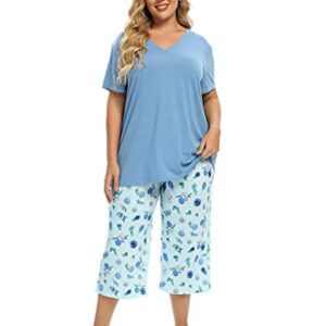 Vozanet Women's V Neck Sexy Pajama Sets Capri Sleepwear Floral Elegant Nighty 2PCS Plus Size S-3XL, Florals-Blue, XXX-Large