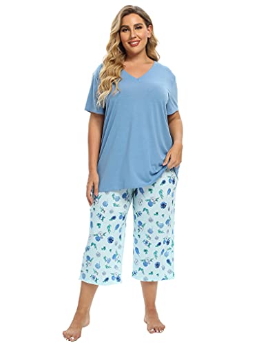 Vozanet Women's V Neck Sexy Pajama Sets Capri Sleepwear Floral Elegant Nighty 2PCS Plus Size S-3XL, Florals-Blue, XXX-Large