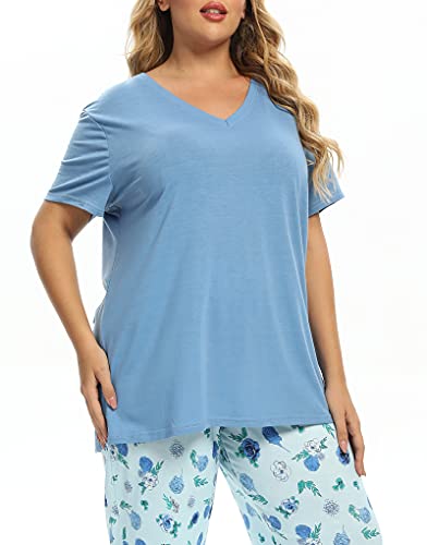 Vozanet Women's V Neck Sexy Pajama Sets Capri Sleepwear Floral Elegant Nighty 2PCS Plus Size S-3XL, Florals-Blue, XXX-Large