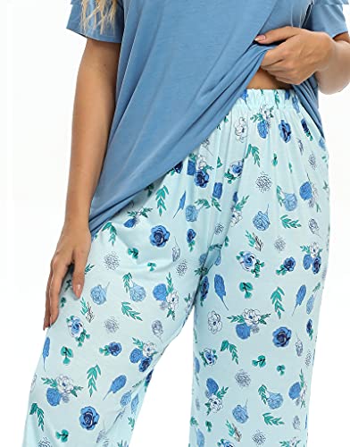 Vozanet Women's V Neck Sexy Pajama Sets Capri Sleepwear Floral Elegant Nighty 2PCS Plus Size S-3XL, Florals-Blue, XXX-Large