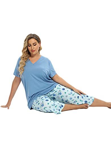 Vozanet Women's V Neck Sexy Pajama Sets Capri Sleepwear Floral Elegant Nighty 2PCS Plus Size S-3XL, Florals-Blue, XXX-Large