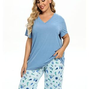 Vozanet Women's V Neck Sexy Pajama Sets Capri Sleepwear Floral Elegant Nighty 2PCS Plus Size S-3XL, Florals-Blue, XXX-Large