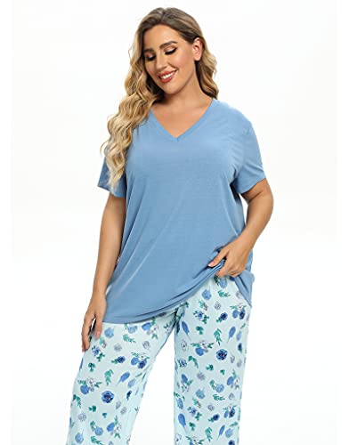 Vozanet Women's V Neck Sexy Pajama Sets Capri Sleepwear Floral Elegant Nighty 2PCS Plus Size S-3XL, Florals-Blue, XXX-Large