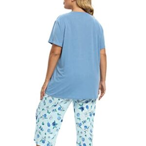 Vozanet Women's V Neck Sexy Pajama Sets Capri Sleepwear Floral Elegant Nighty 2PCS Plus Size S-3XL, Florals-Blue, XXX-Large