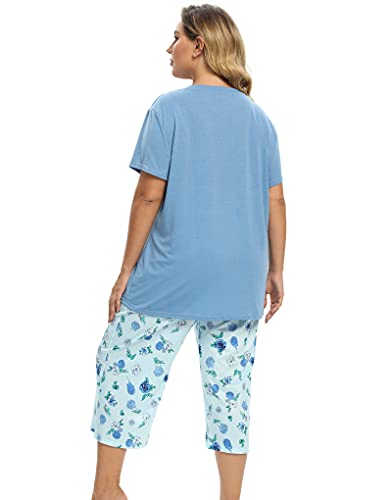 Vozanet Women's V Neck Sexy Pajama Sets Capri Sleepwear Floral Elegant Nighty 2PCS Plus Size S-3XL, Florals-Blue, XXX-Large