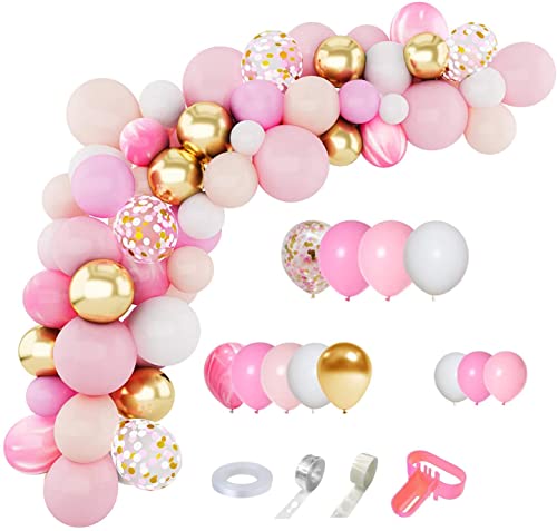 Amandir 144Pcs Pink Balloons Garland Arch Kit Light Pink Gold White Balloons Confetti Latex Metallic Balloons for Girl Birthday Baby Shower Wedding Party Decorations Supplies