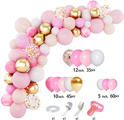 Amandir 144Pcs Pink Balloons Garland Arch Kit Light Pink Gold White Balloons Confetti Latex Metallic Balloons for Girl Birthday Baby Shower Wedding Party Decorations Supplies