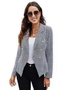 shein women's houndstooth long sleeve lapel collar double breasted blazer jacket black and white large