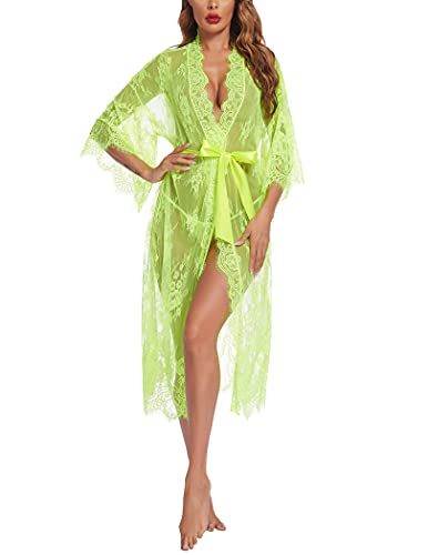 Avidlove Women Sexy Long Lace Lingerie Kimono Robe Sheer Babydoll Nightgown Nightdress Lemon Yellow