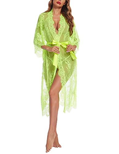 Avidlove Women Sexy Long Lace Lingerie Kimono Robe Sheer Babydoll Nightgown Nightdress Lemon Yellow