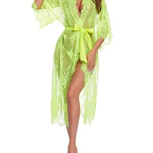 Avidlove Women Sexy Long Lace Lingerie Kimono Robe Sheer Babydoll Nightgown Nightdress Lemon Yellow