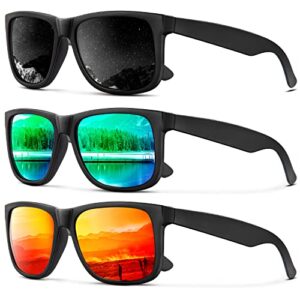 kaliyadi sunglasses men polarized sun glasses for mens womens classic matte black frame uv protection 3pack(grey/green/orange)