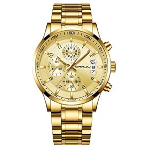 crrju men's golden watches luxury business waterproof calendar quartz watches for men chronograph stainless steel band wristwatches