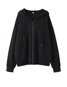 missactiver women’s vintage solid drawstring hoodies zip up oversized e-girl 90s sweatshirt basic jacket with pockets black