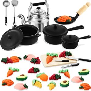 34 pieces dollhouse miniature metal pots and pans 1/12 scale mini dollhouse kitchen cookware vegetable and fruit sets for adults children pretend play kitchen cooking game birthday party present